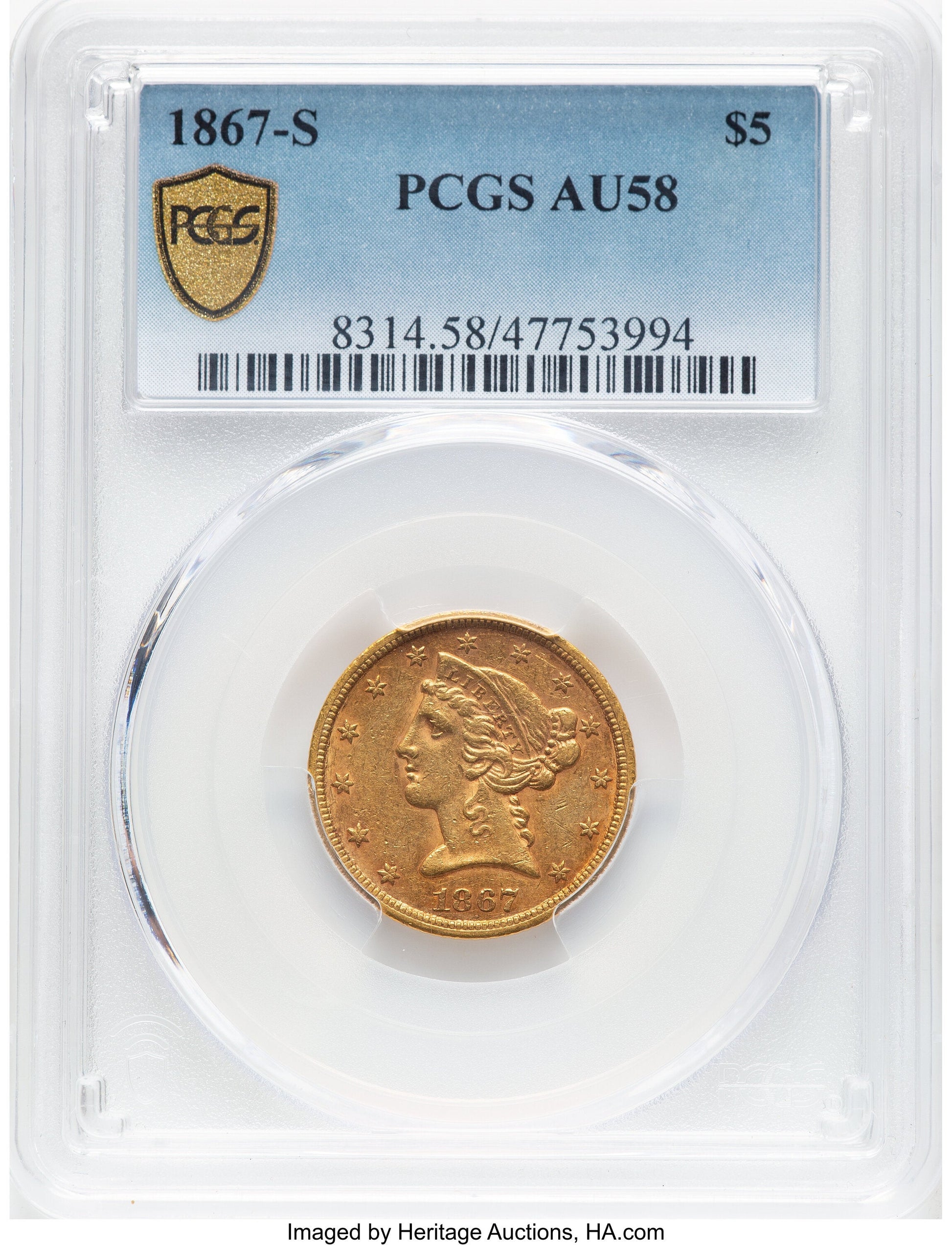 1867-S $5 Liberty Half Eagle PCGS AU58