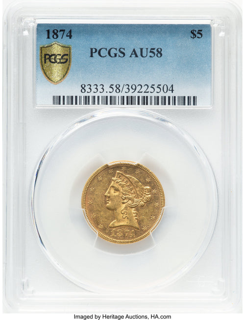 1874 $5 Liberty Half Eagle PCGS AU58