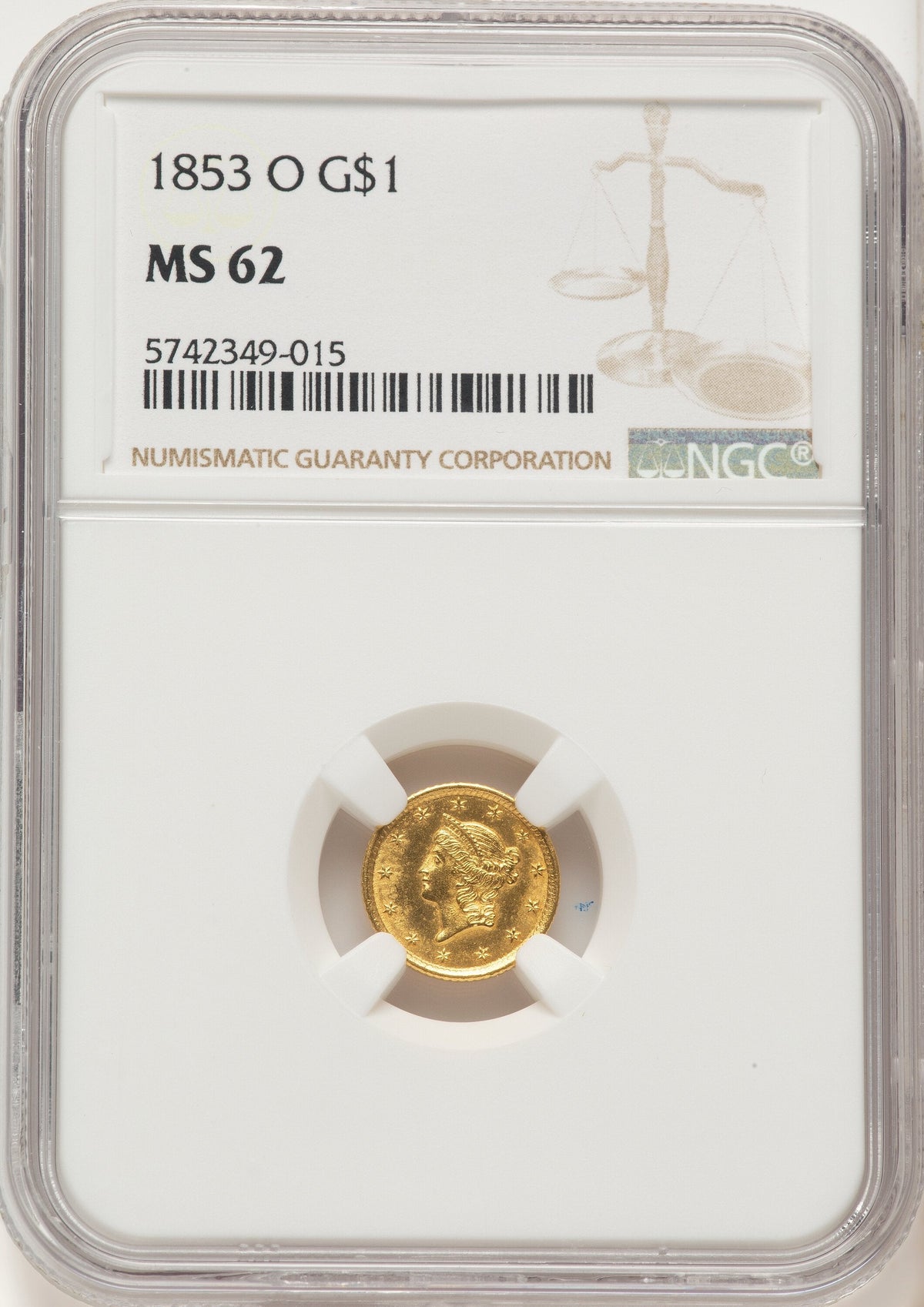 1853-O G$1 Gold Dollar NGC MS62