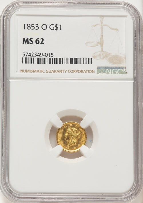 1853-O G$1 Gold Dollar NGC MS62