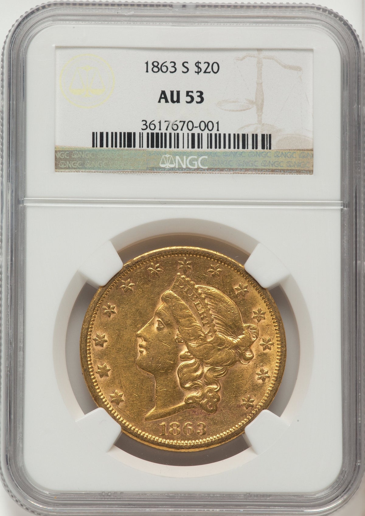 1863-S $20 Brown Label Liberty Double Eagle NGC AU53