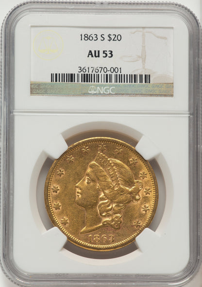 1863-S $20 Brown Label Liberty Double Eagle NGC AU53