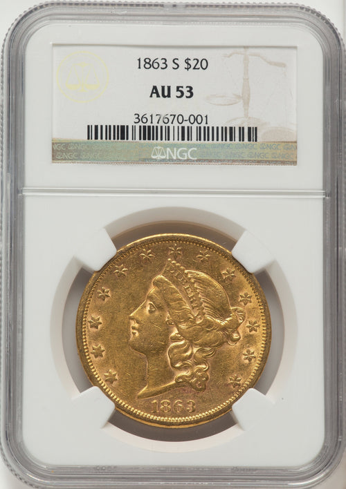 1863-S $20 Brown Label Liberty Double Eagle NGC AU53