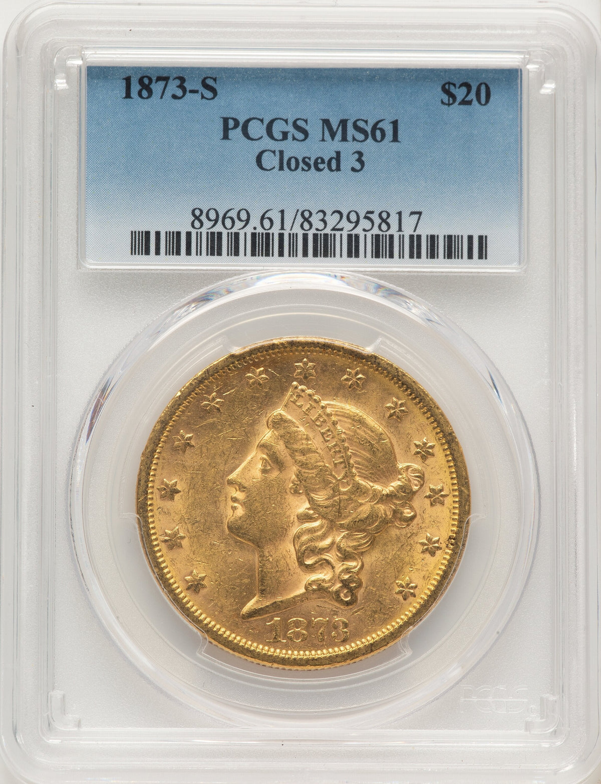 1873-S $20 Closed 3 Blue Gradient Liberty Double Eagle PCGS MS61