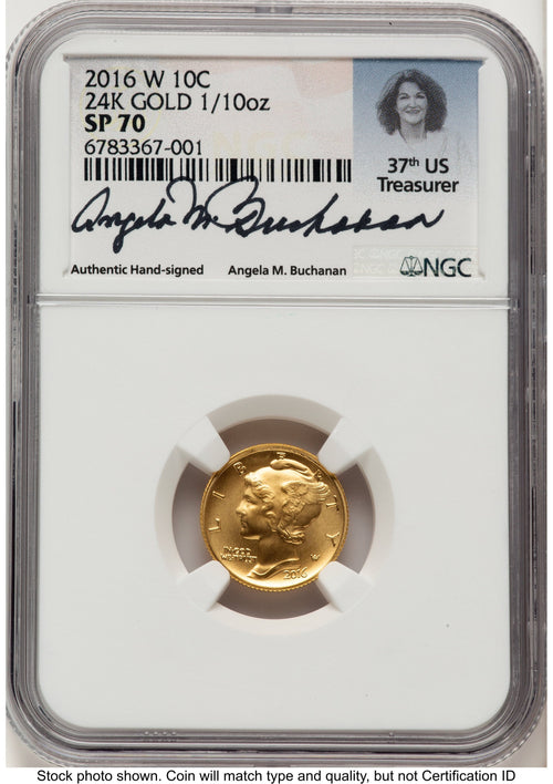 2016-W 10C Mercury Dime 100th Anniversary Gold Centennial Angela Buchanan NGC MS70