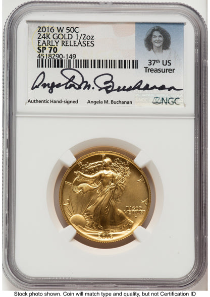 2016-W 50C Walking Liberty 100th Anniversary Gold Centennial ER Angela Buchanan NGC MS70