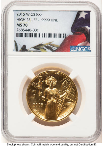 2015-W G$100 American Liberty High Relief Bunting Flag NGC MS70