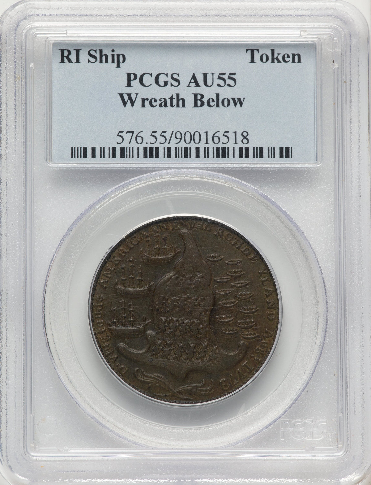 RI SHIP Rhode Island Ship Token Wreath Below Copper BN Colonials PCGS AU55