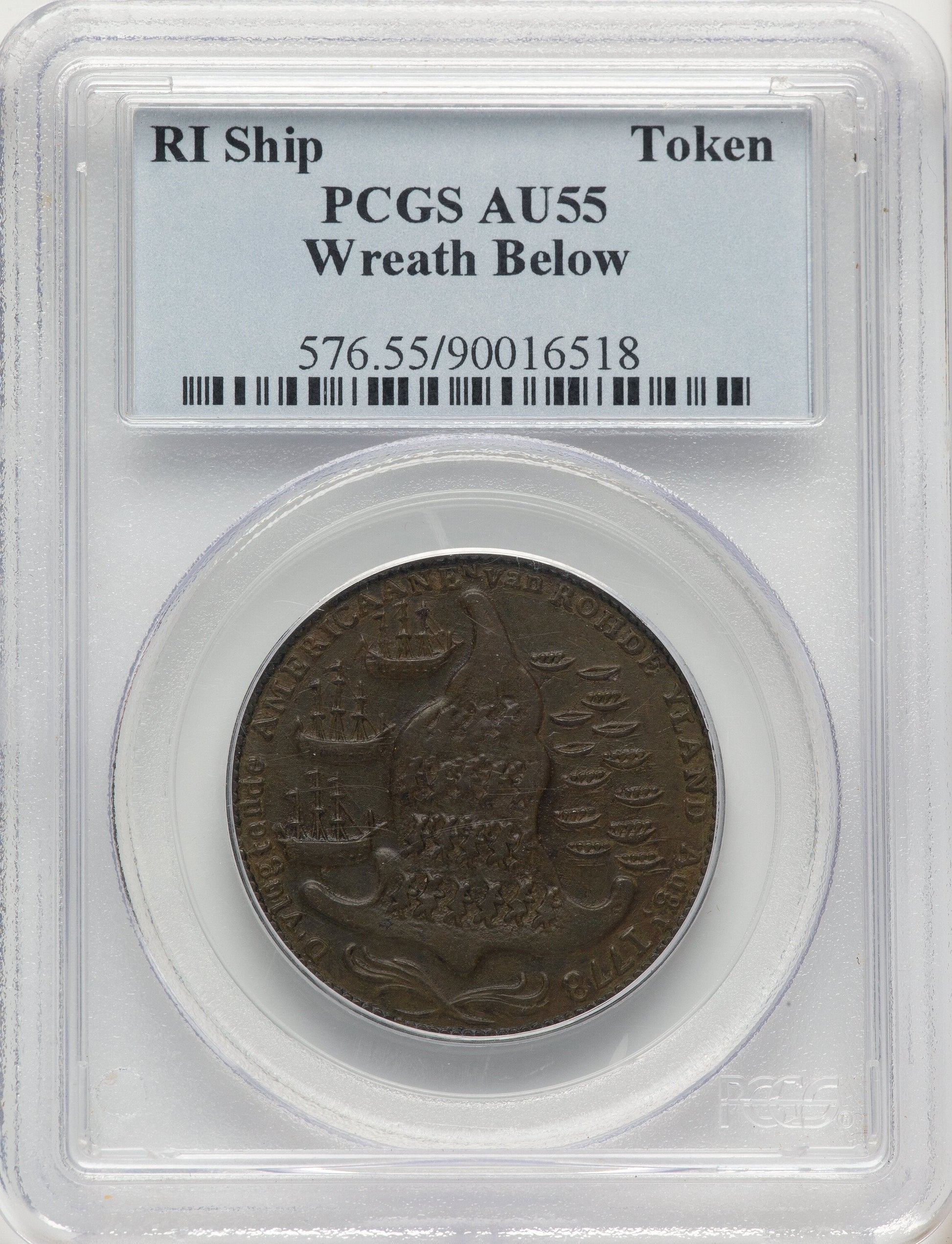 RI SHIP Rhode Island Ship Token Wreath Below Copper BN Colonials PCGS AU55