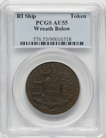 RI SHIP Rhode Island Ship Token Wreath Below Copper BN Colonials PCGS AU55