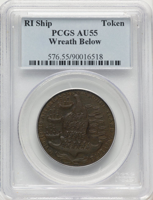 RI SHIP Rhode Island Ship Token Wreath Below Copper BN Colonials PCGS AU55