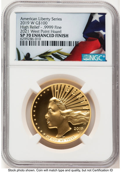 2019-W G$100 American Liberty High Relief Enhanced 2021 West Point Mint Hoard Bunting Flag NGC MS70