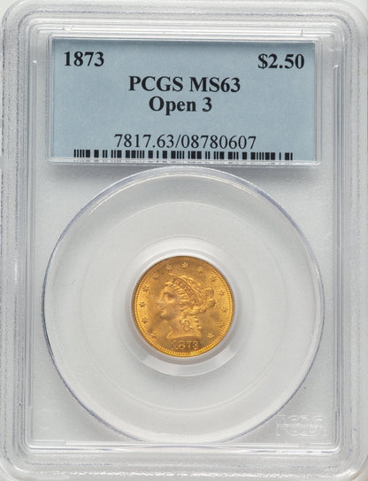 1873 $2.50 Open 3 Liberty Quarter Eagle PCGS MS63