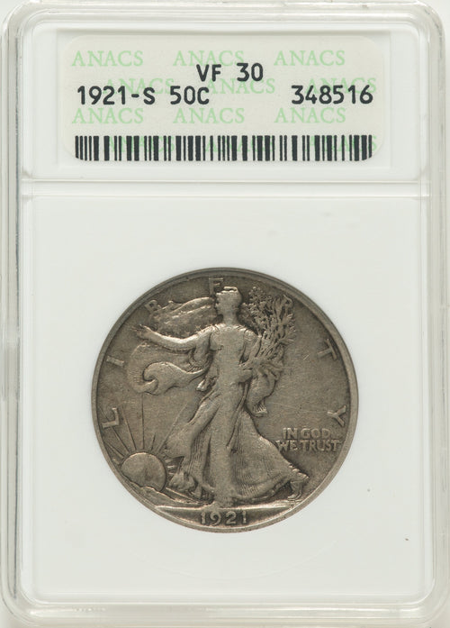 1921-S 50C Walking Liberty Half Dollar ANACS VF30