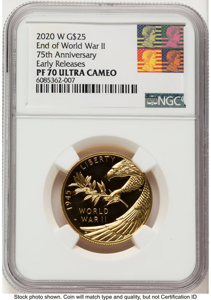 2020-W 1/2 oz Proof Gold End of World War II 75th Anniversary ER Reagan Bust Art NGC PF70