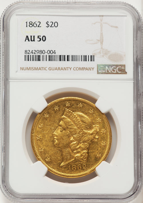 1862 $20 Brown Label Liberty Double Eagle NGC AU50