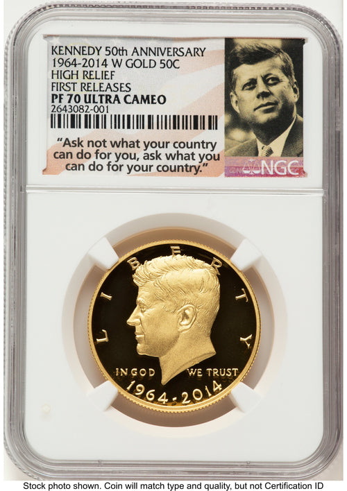 2014-W 50C Gold JFK 50th Anniversary FR JFK Ask Not Label NGC MS70
