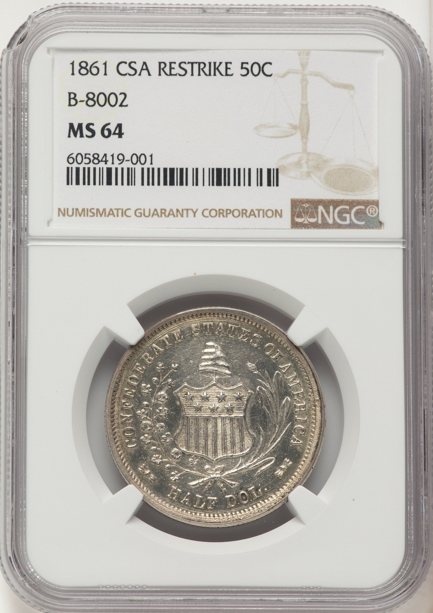1861 50C Restrike Brown Label Confederate States of America NGC MS64