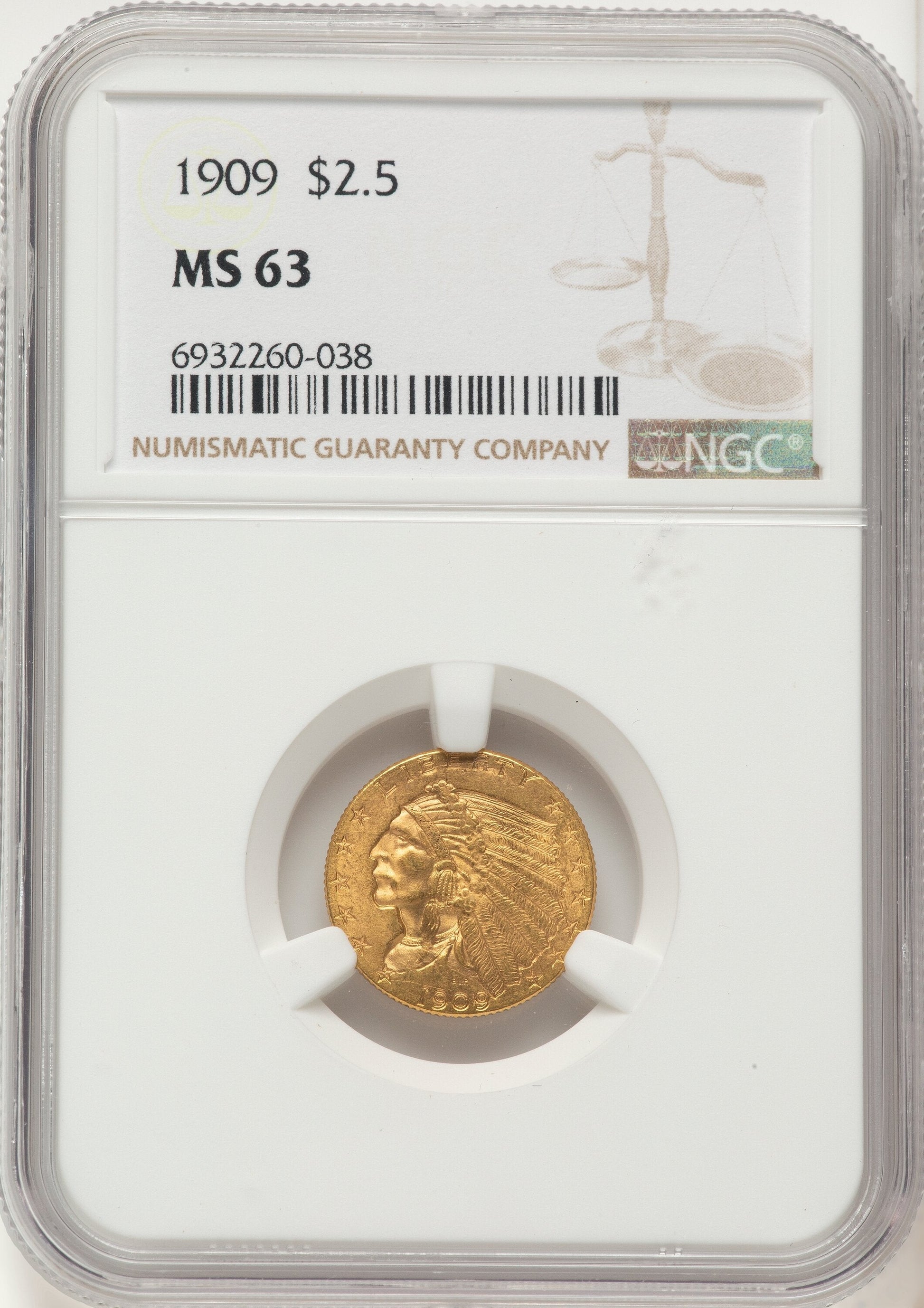 1909 $2.50 Indian Quarter Eagle NGC MS63