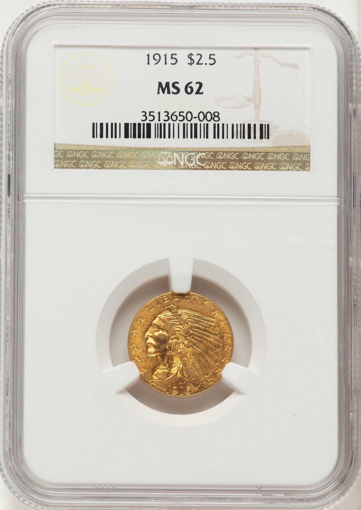 1915 $2.50 Brown Label Indian Quarter Eagle NGC MS62
