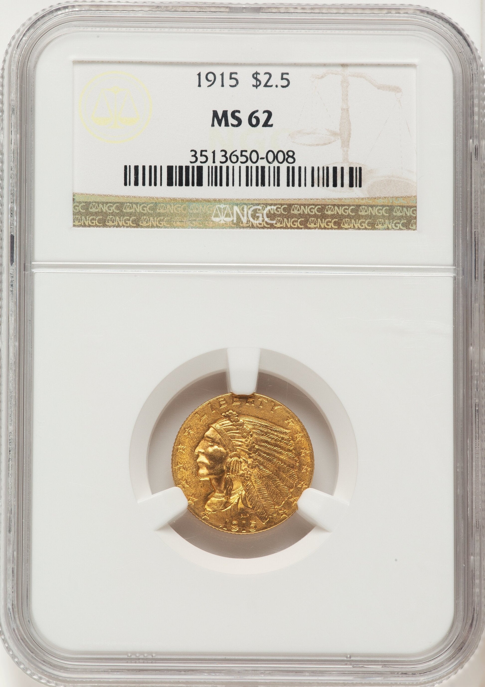 1915 $2.50 Brown Label Indian Quarter Eagle NGC MS62