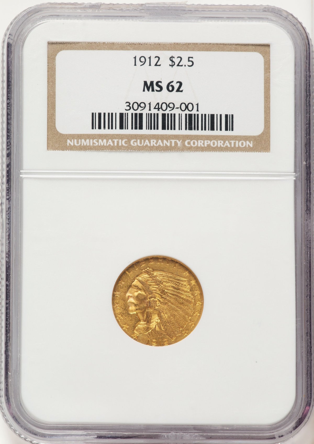 1912 $2.50 Brown Label Indian Quarter Eagle NGC MS62