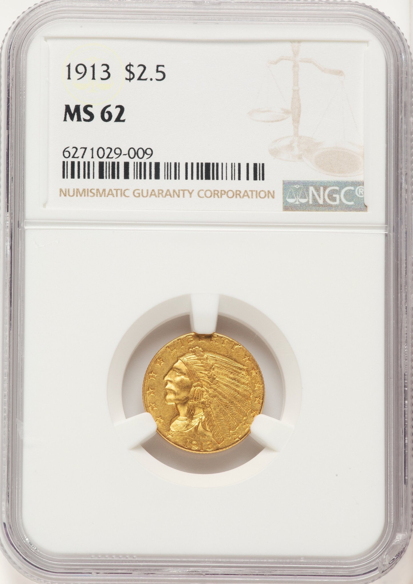 1913 $2.50 Brown Label Indian Quarter Eagle NGC MS62