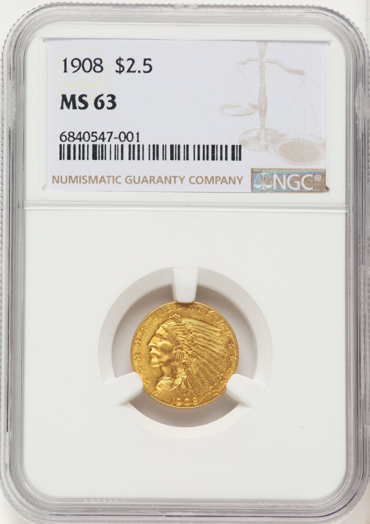 1908 $2.50 Brown Label Indian Quarter Eagle NGC MS63