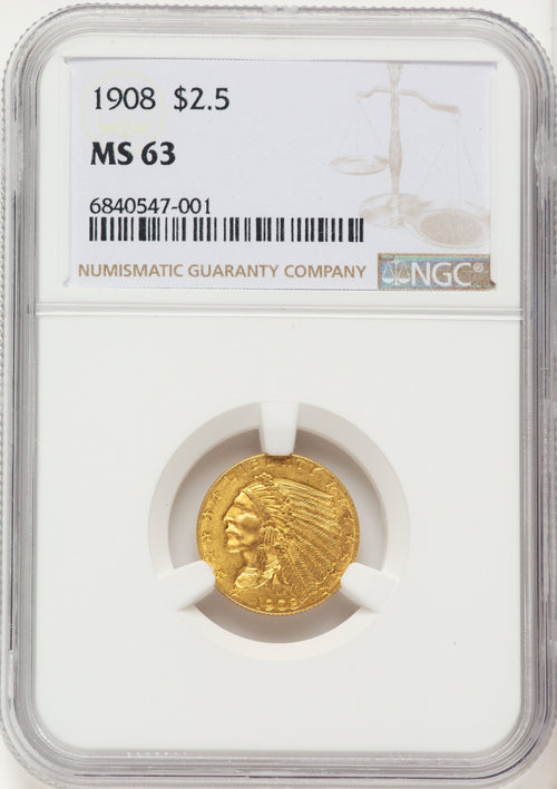 1908 $2.50 Brown Label Indian Quarter Eagle NGC MS63