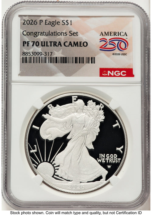 2026-P Proof Silver Eagle Congratulations Set 1 oz America 250 Label NGC PF70