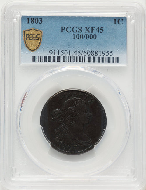 1803 1C 100/000 BN Large Cent PCGS XF45