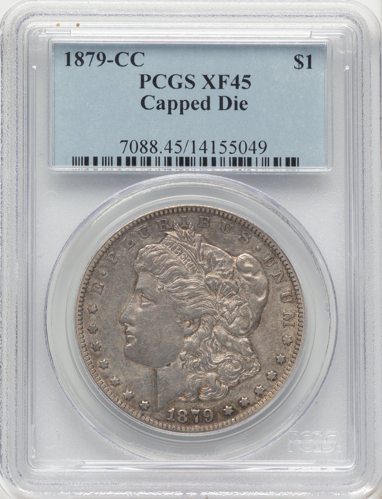 1879-CC CAPPED DIE Blue Label Morgan Dollar PCGS XF45