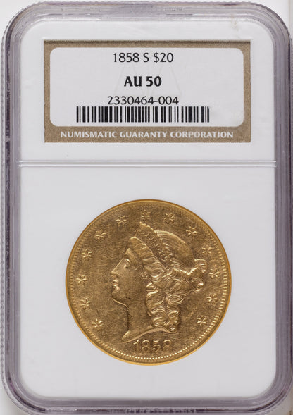 1858-S $20 Liberty Double Eagle NGC AU50