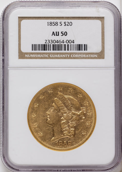 1858-S $20 Liberty Double Eagle NGC AU50