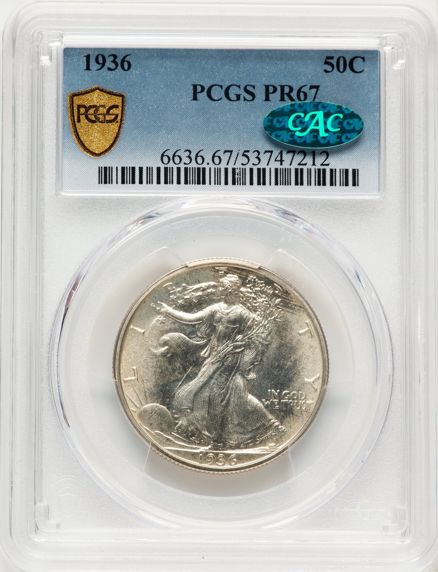 1936 50C CAC Proof Walking Liberty Half Dollar PCGS PR67