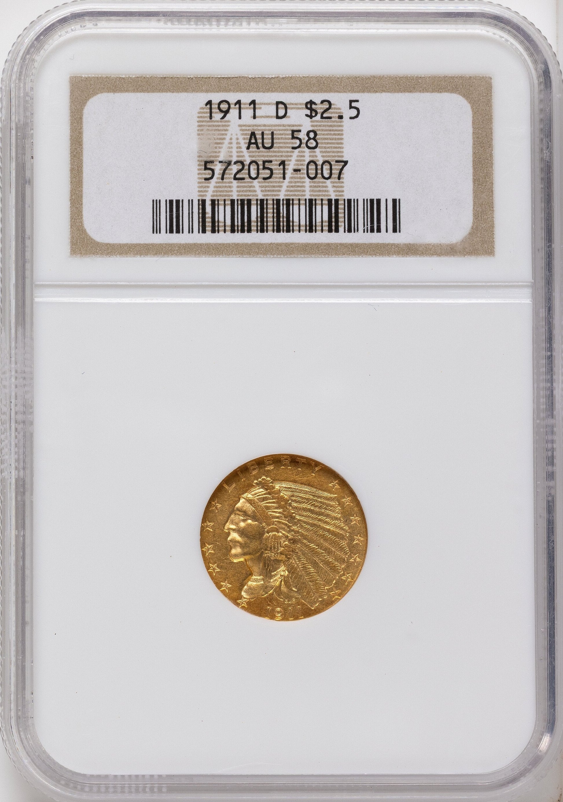 1911-D $2.50 Brown Label Indian Quarter Eagle NGC AU58