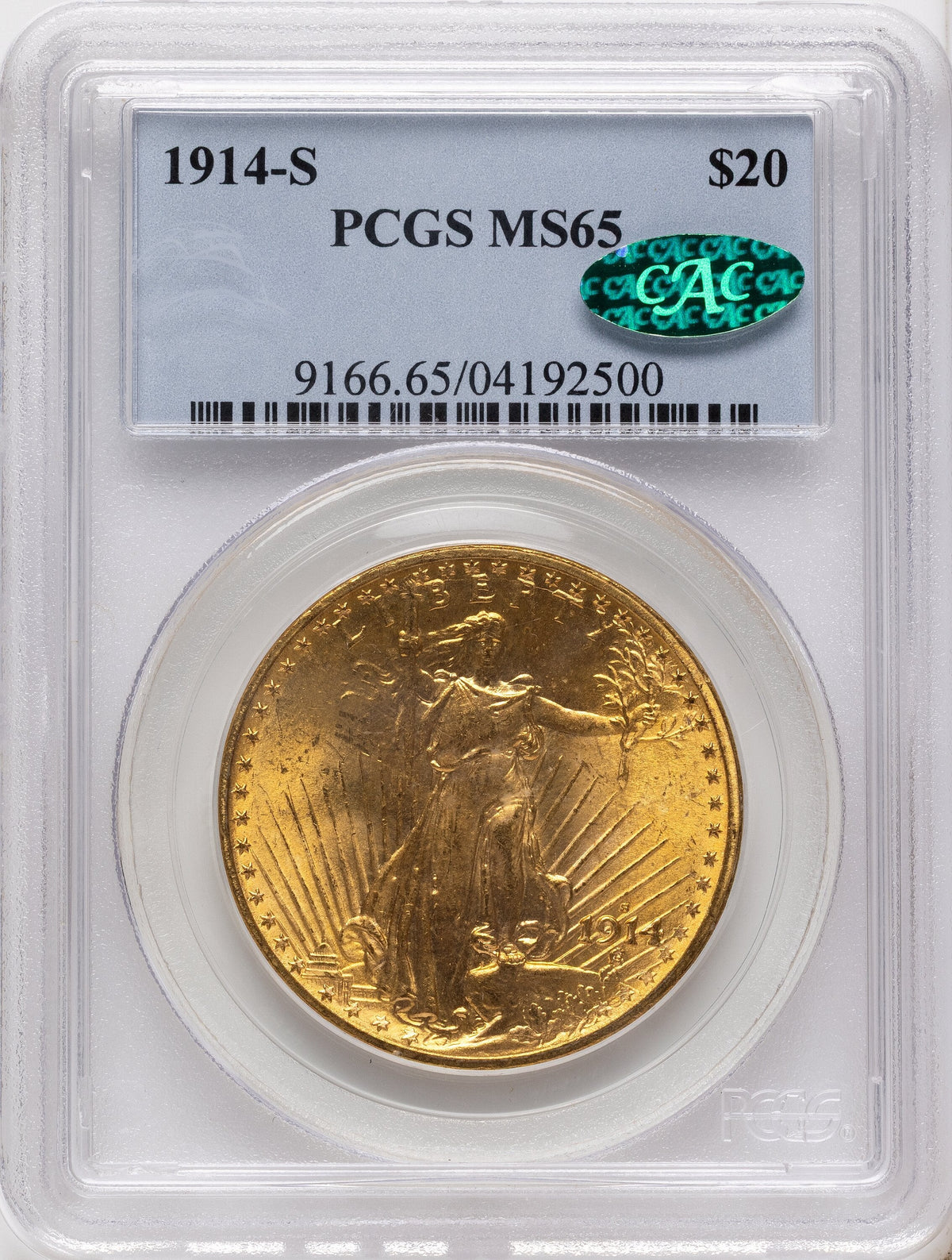 1914-S $20 CAC Blue Label Saint-Gaudens Double Eagle PCGS MS65