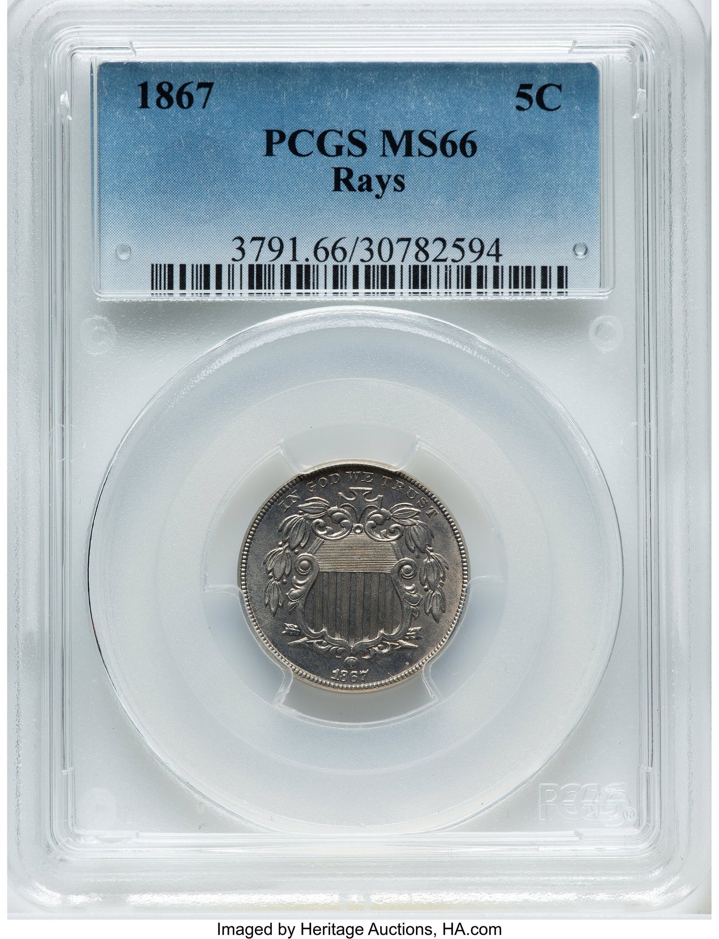 1867 5C RAYS Shield Nickel PCGS MS66