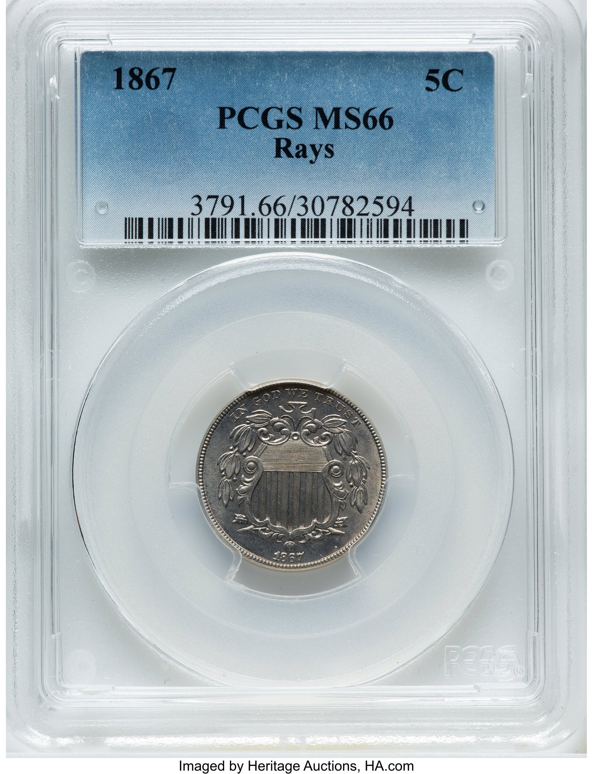 1867 5C RAYS Shield Nickel PCGS MS66