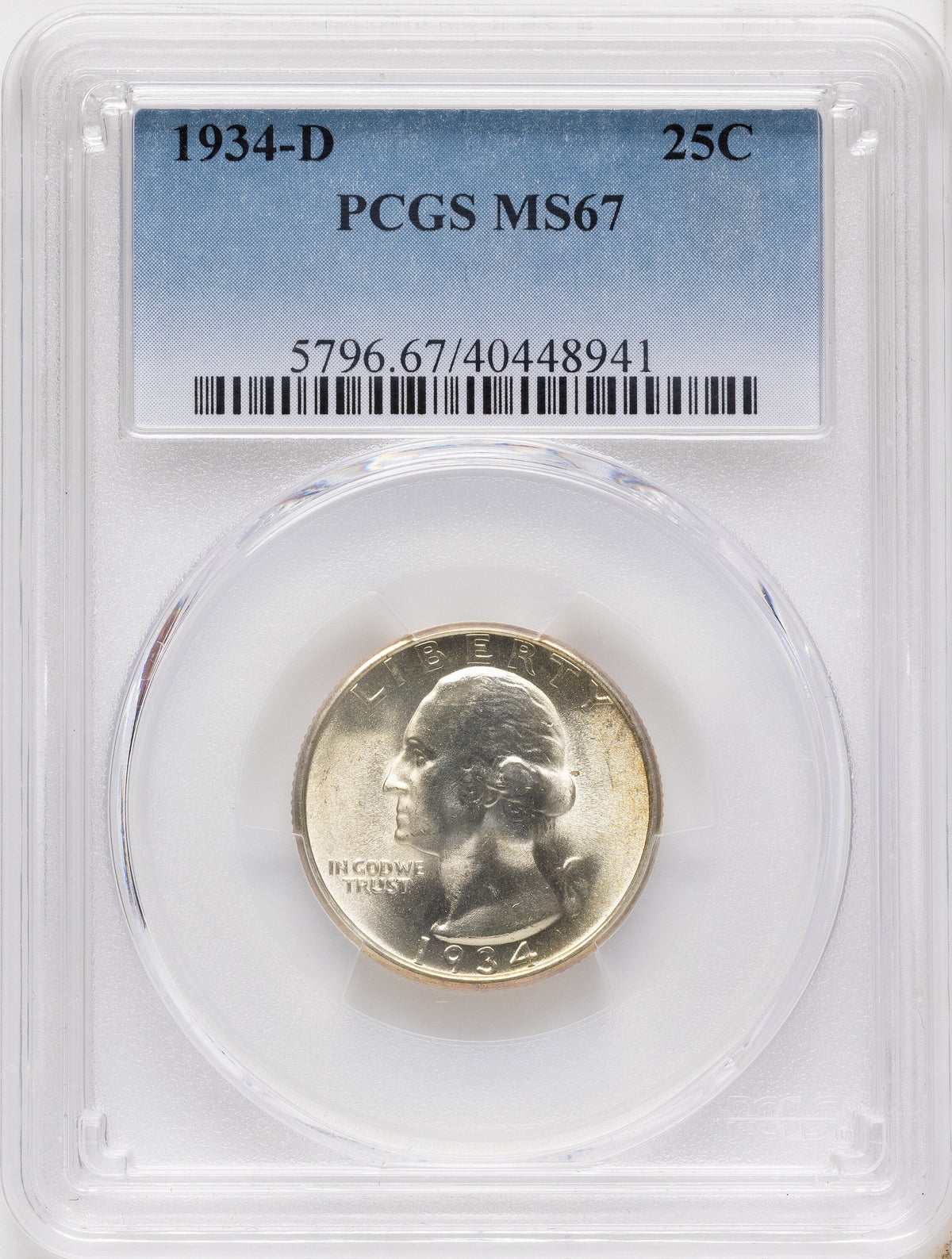 1934-D 25C Medium Motto Washington Quarter PCGS MS67