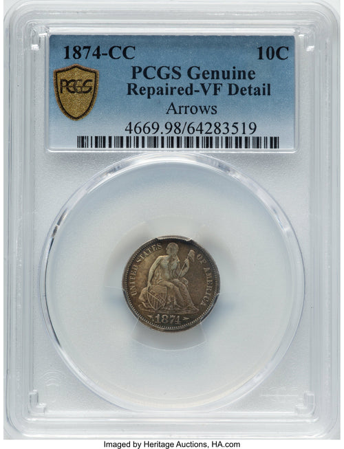 1874-CC 10C F-101 Genuine Seated Dime Genuine PCGS VF20