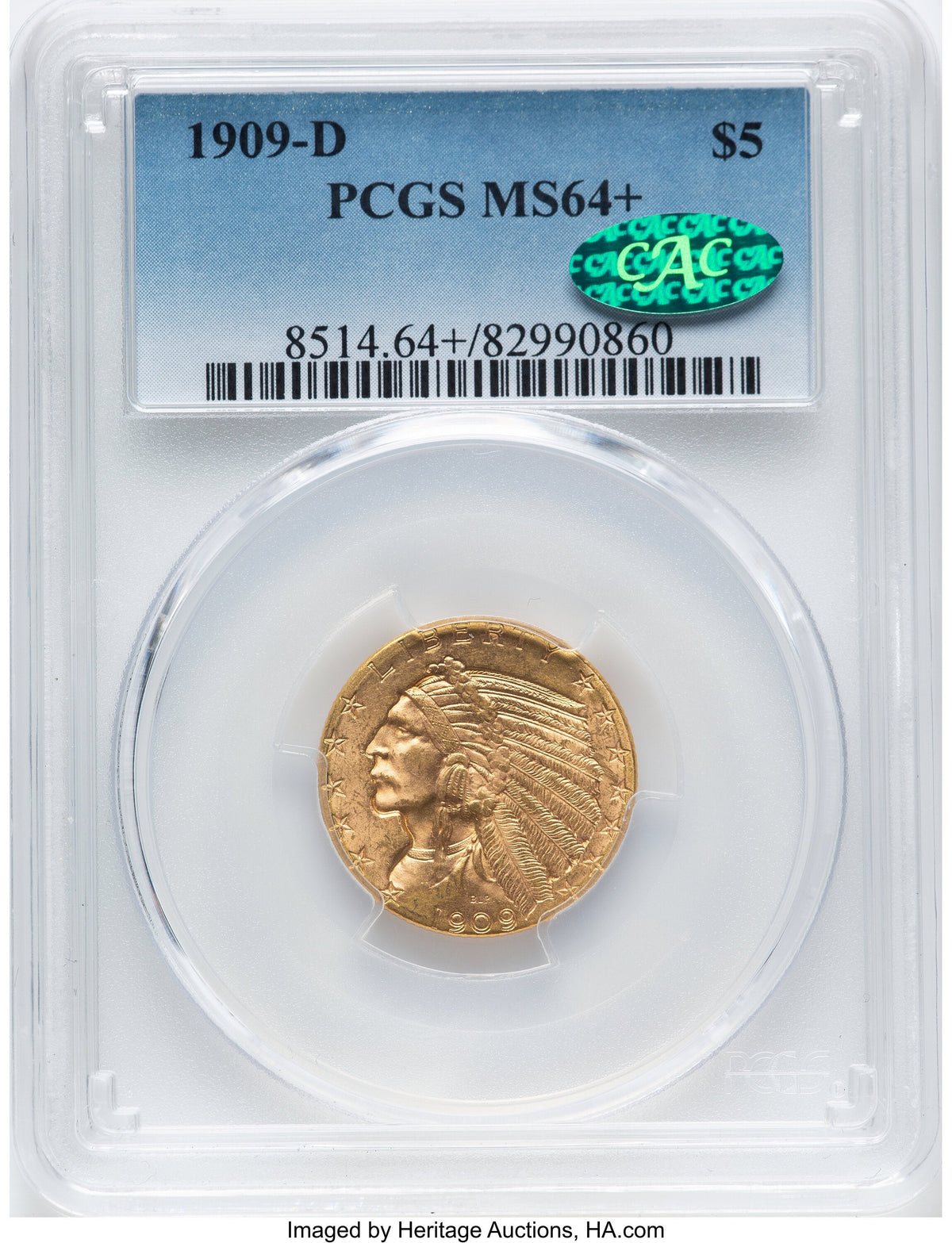 1909-D $5 CAC Indian Half Eagle PCGS MS64+