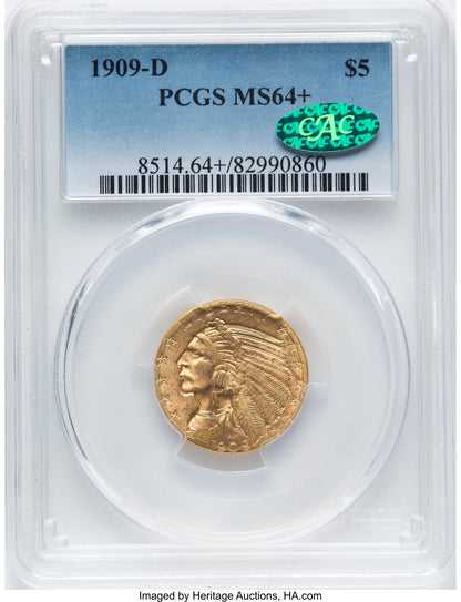1909-D $5 CAC Indian Half Eagle PCGS MS64+