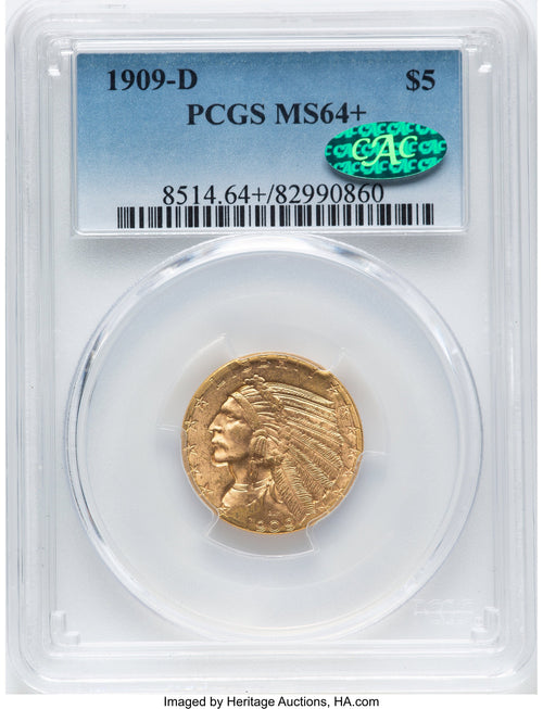 1909-D $5 CAC Indian Half Eagle PCGS MS64+
