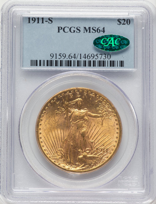 1911-S $20 CAC Blue Label Saint-Gaudens Double Eagle PCGS MS64