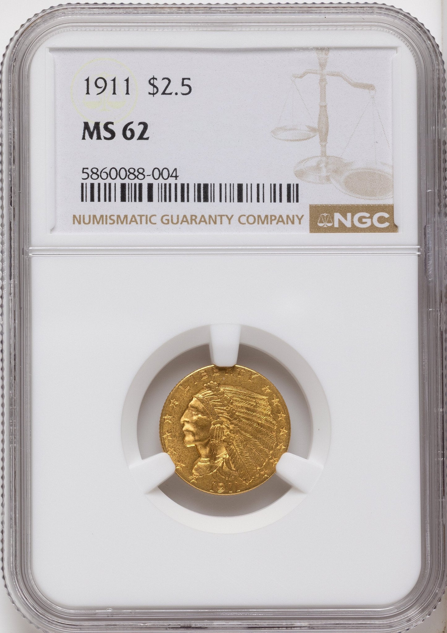 1911 $2.50 Indian Quarter Eagle NGC MS62