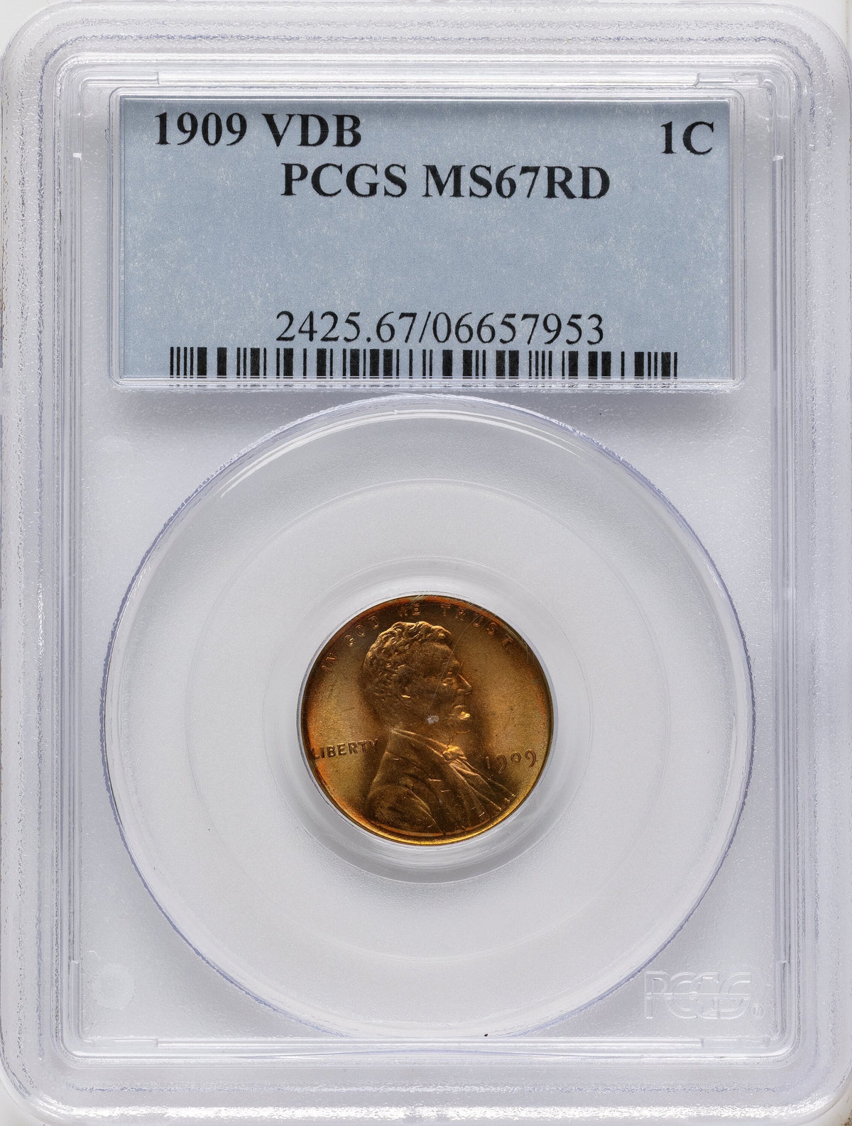 1909 1C VDB RD Lincoln Cent PCGS MS67