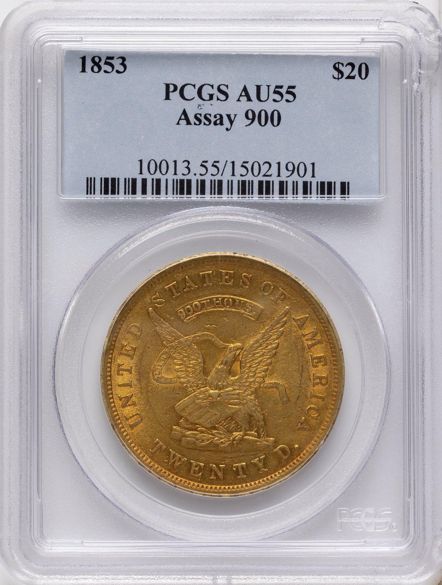 1853 $20 Assay Office 900 Thous. Territorial Gold PCGS AU55