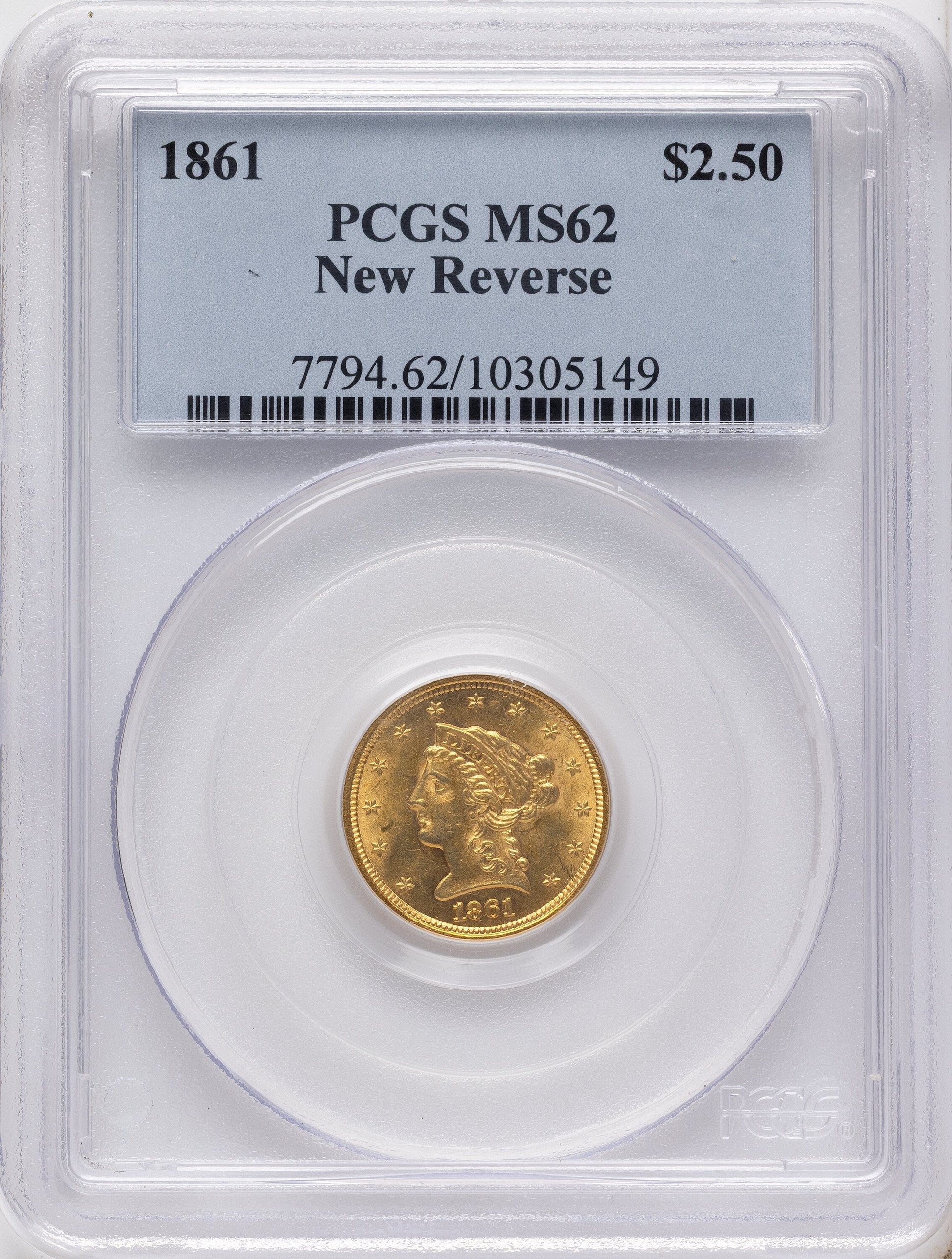 1861 $2.50 New Reverse Type 2 Liberty Quarter Eagle PCGS MS62