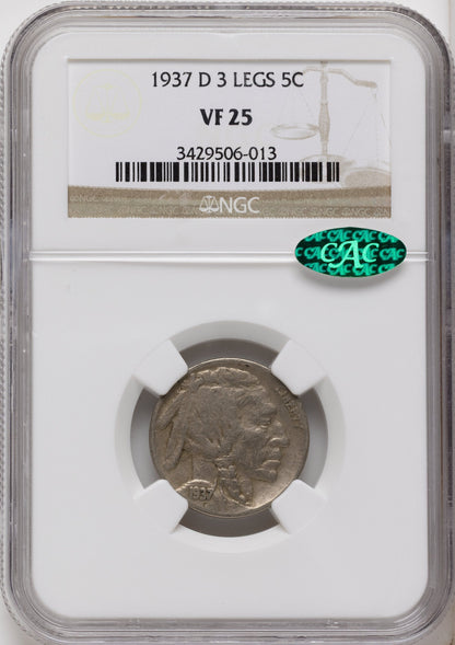 1937-D 5C Three-Legged FS-901 CAC Buffalo Nickel NGC VF25